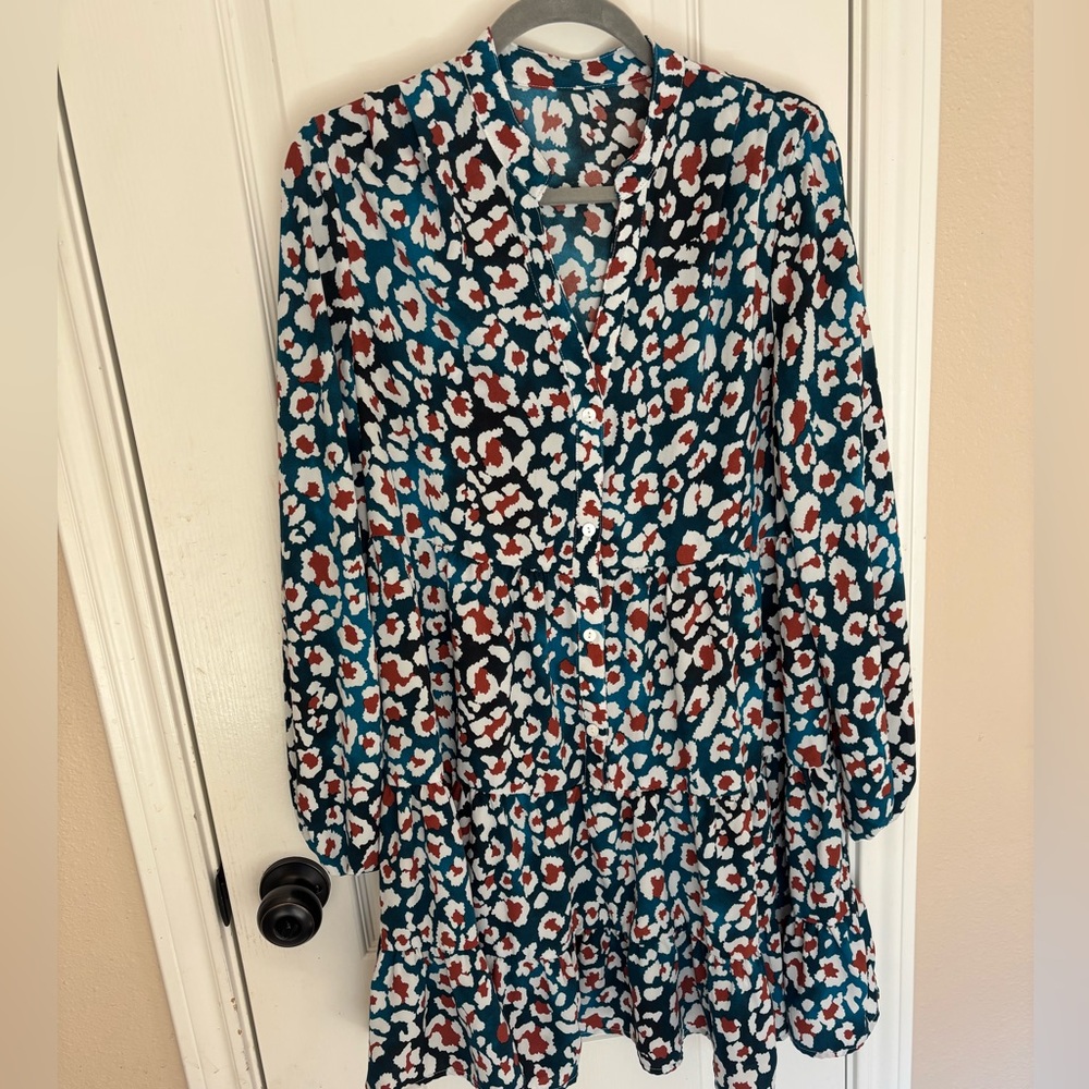 Boutique‎ Size M Teal Leopard Print Tiered Babydoll Dress Long Sleeve Spring